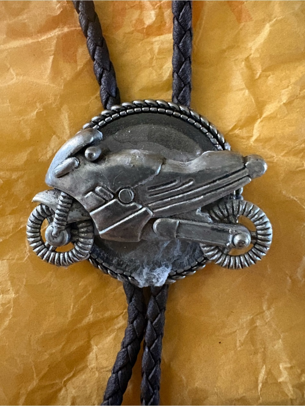 Men's Brown Leather Bolo Tie with Silver Motorcycle Concho